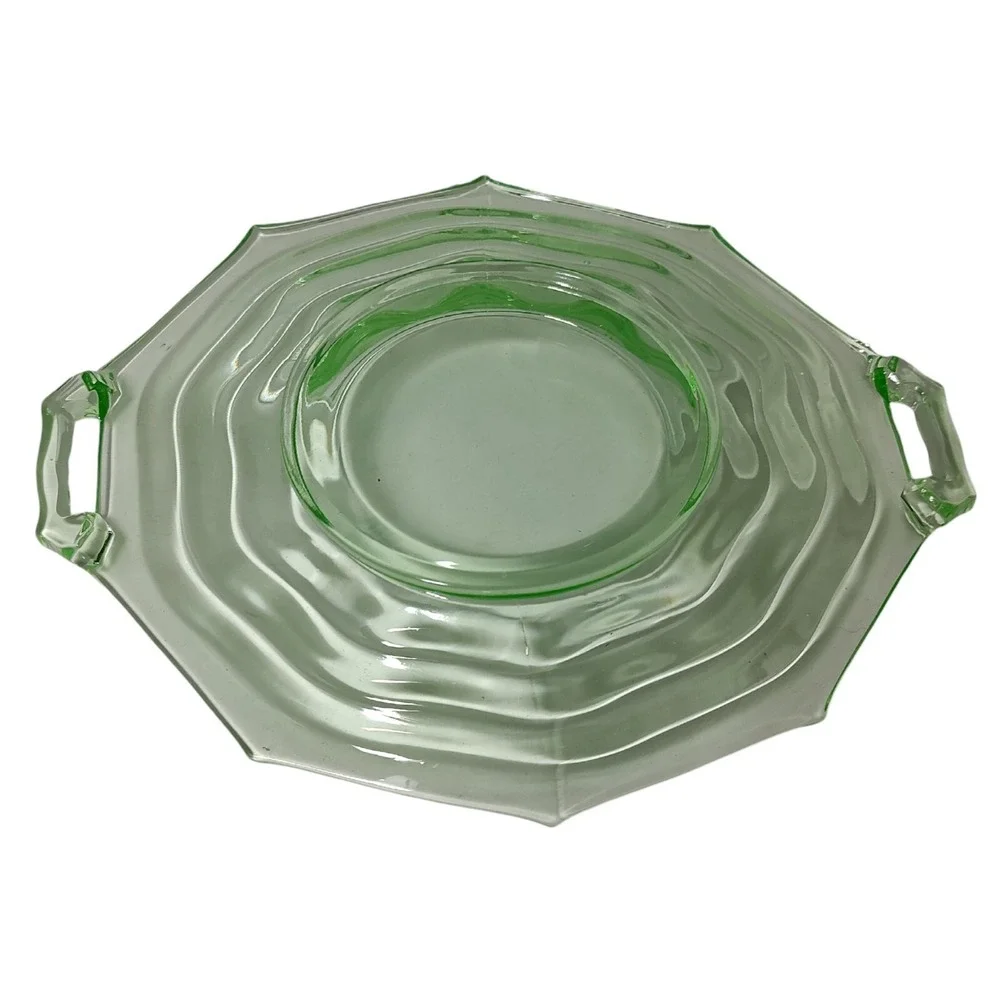 Jenkins Glass Company Uranium Platter Green Glass Handled Vaseline‎ Dish 12 Inch